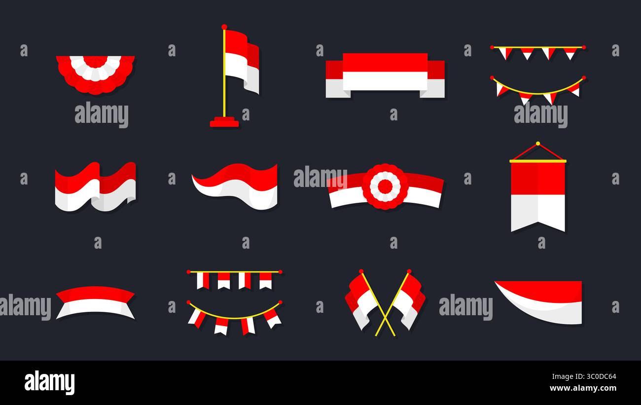Ensemble d'éléments de drapeau indonésien avec un design plat sur fond sombre. Ensemble de collection clip art drapeau indonésien rouge et blanc Illustration de Vecteur