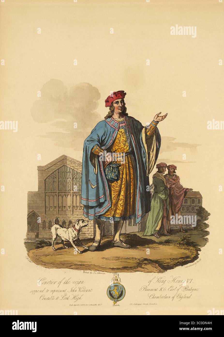 10 septembre 2018 - Londres, Angleterre, Royaume-Uni - Courtier du règne du roi Henry VI, supposé représenter John vicomte Beaumont K.G. comte de Boulogne, gendarme et Lord High Chamberlain d'Angleterre, 1430, gravure par I.A. Atkinson, 1812 (crédit image : © JT Vintage/Glasshouse via ZUMA Wire) Banque D'Images