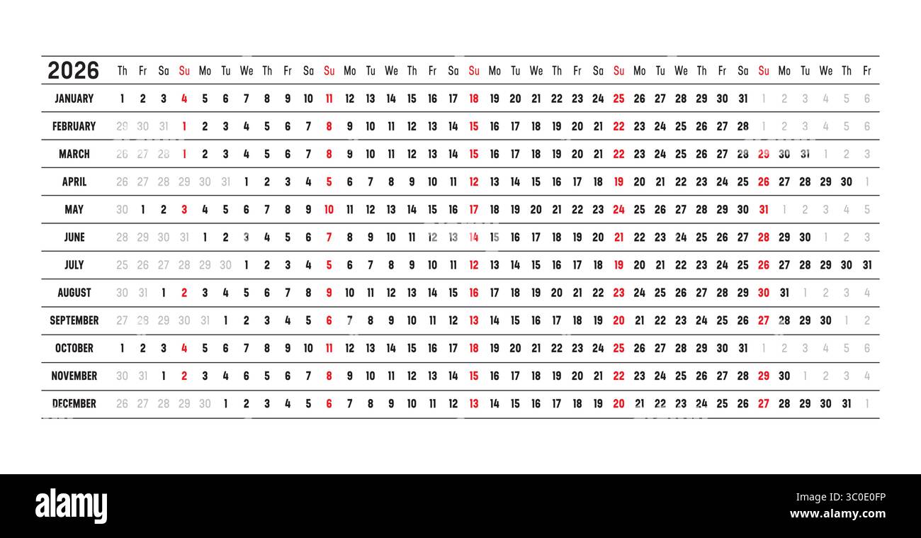 Calendrier mural de l'année 2026 avec dates alignées, en anglais. Chronologie d'une page, linéaire et horizontale Illustration de Vecteur
