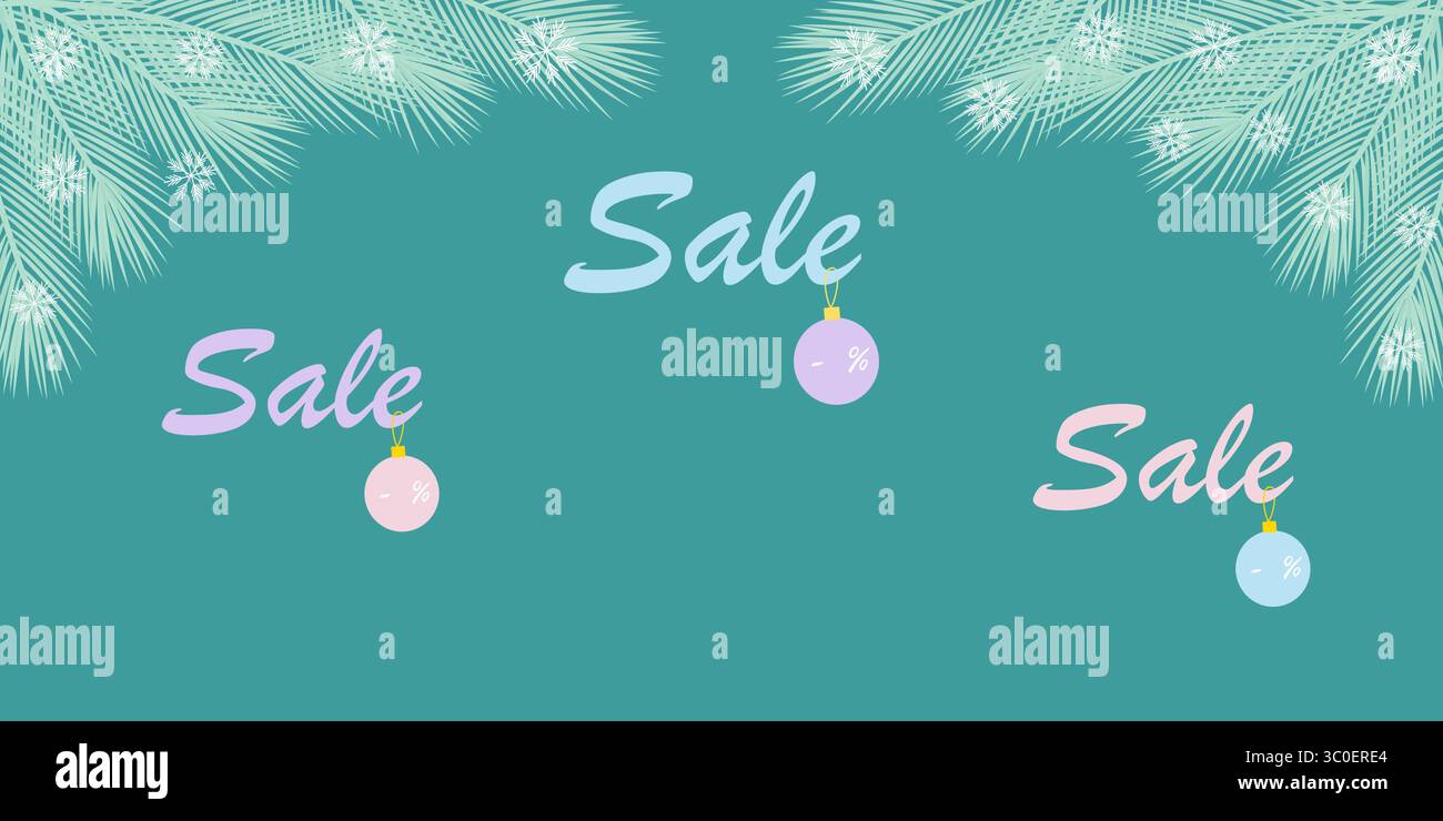Texte des variations de vente avec boules de Noël et texte de remise place et bannière de bordure de cadre de brindilles de pin. Illustration vectorielle isolée Noël promo contenu cartes de réduction, étiquettes de prix, dépliants Illustration de Vecteur