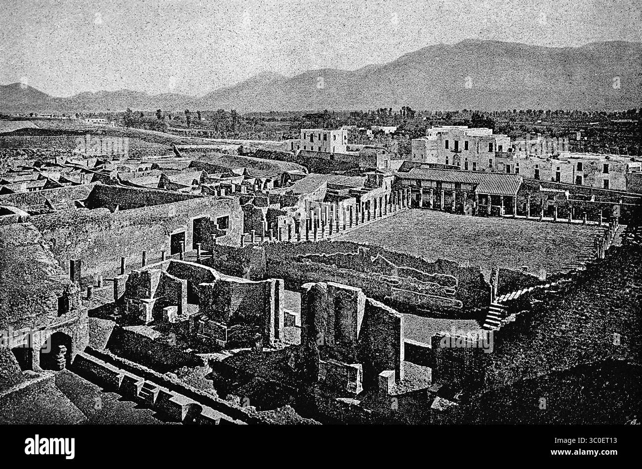 Vue sur les fouilles archéologiques de Pompéi ou Pompéi, ville antique au Vésuve, Campanie, Italie, illustration historique 1896 Banque D'Images