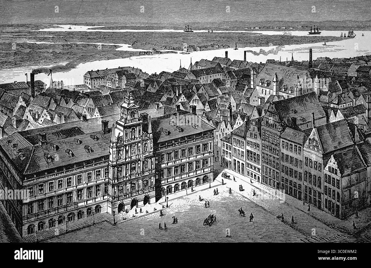 Vue sur le centre historique d'Anvers sur la rivière Escaut, en face de la Grote Markt, Grand marché avec maisons à pignons et Stadhuis, la mairie, Banque D'Images
