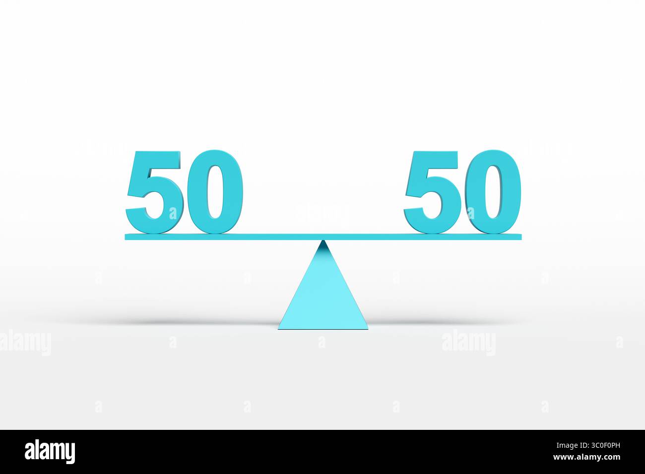 Balançoire équilibrant les nombres cinquante et cinquante, représentant l'égalité et l'équilibre. Cinquante-cinquante pour cent. Banque D'Images