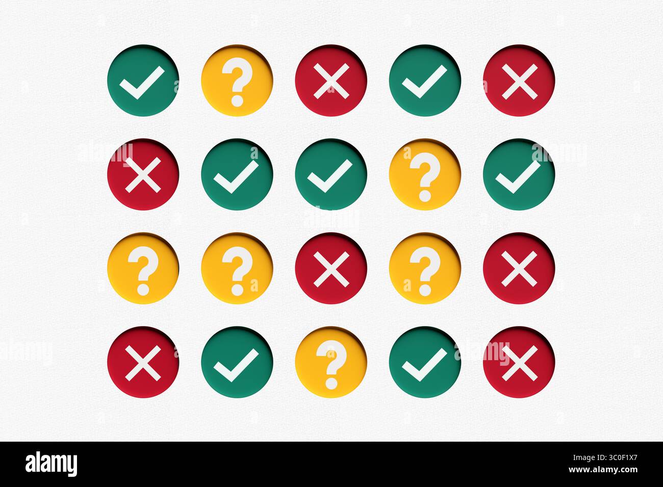 Coches vertes, croix rouges et points d'interrogation jaunes symbolisant les choix, les décisions et l'incertitude sur fond blanc texturé Banque D'Images