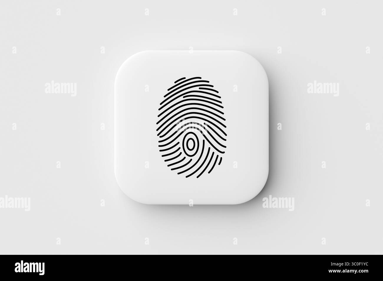 Icône d'empreinte digitale sur fond de bouton poussoir blanc représentant la sécurité numérique, le contrôle d'accès et la protection des données personnelles Banque D'Images