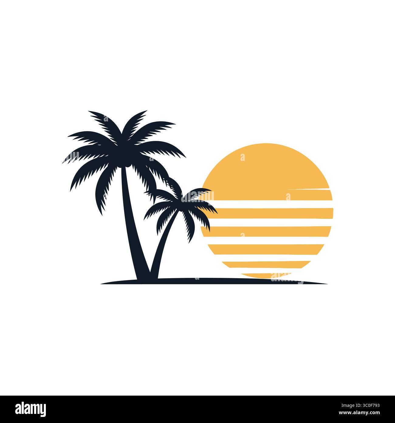 Une belle illustration graphique d'un coucher de soleil tropical avec des palmiers stylisés devant un soleil vibrant avec des rayures horizontales. Illustration de Vecteur