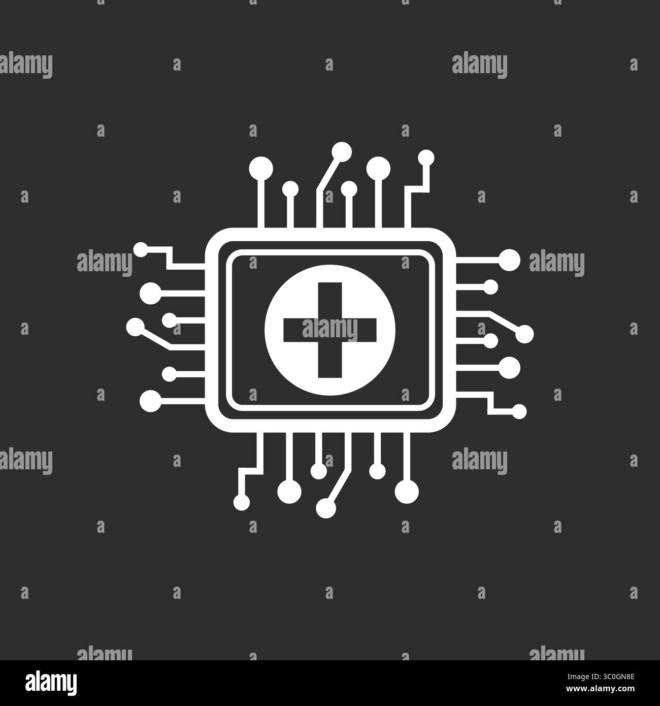 Icône AI Healthcare Chip en fond noir et blanc – icône Smart Medical Technology and Intelligence, illustration vectorielle Illustration de Vecteur