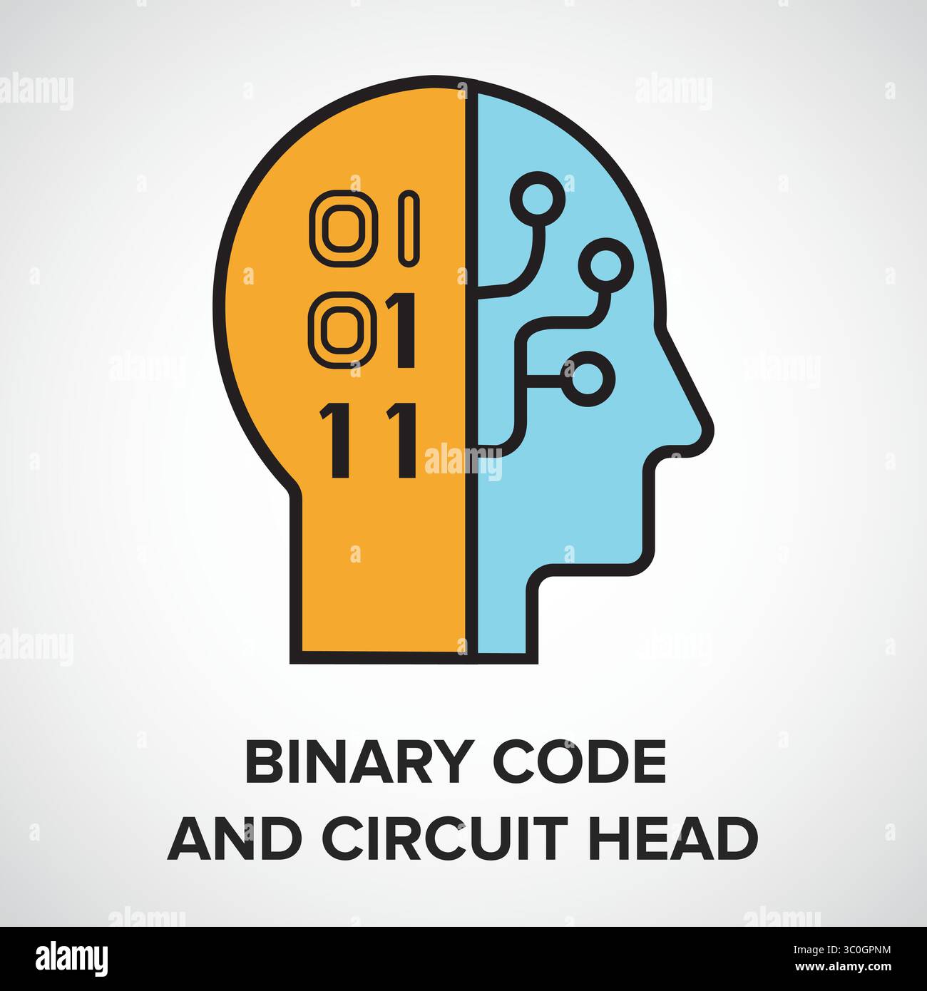 Code binaire et icône de tête de circuit – Intelligence de traitement des données ai, illustration vectorielle Illustration de Vecteur