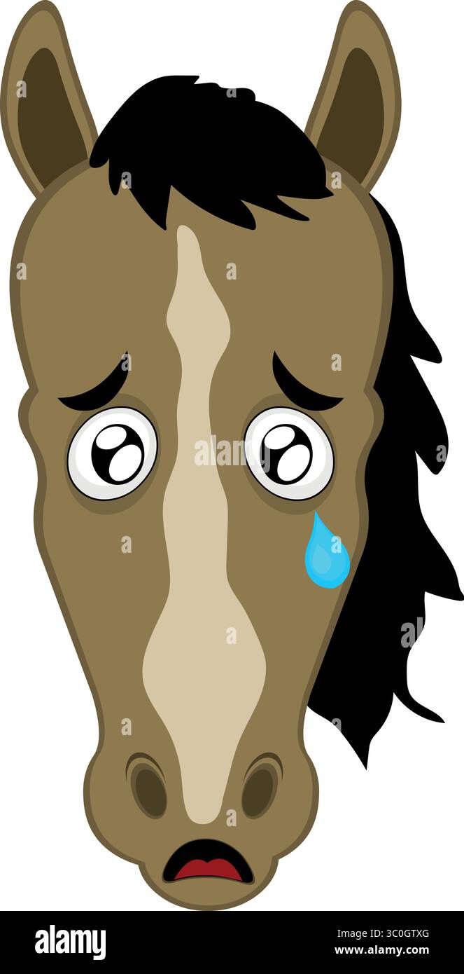 illustration vectorielle personnage visage cheval dessin animé, avec une expression triste, les yeux aqueux et une larme tombant d'un œil Illustration de Vecteur
