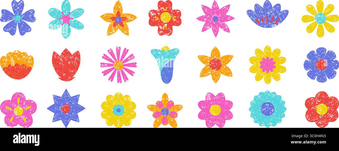 Icônes de fleurs de dessin de crayon. Différentes fleurs abstraites, conception puérile dessinée. Éléments floraux vibrants isolés. Patchs décoratifs, vecteur néotérique Illustration de Vecteur