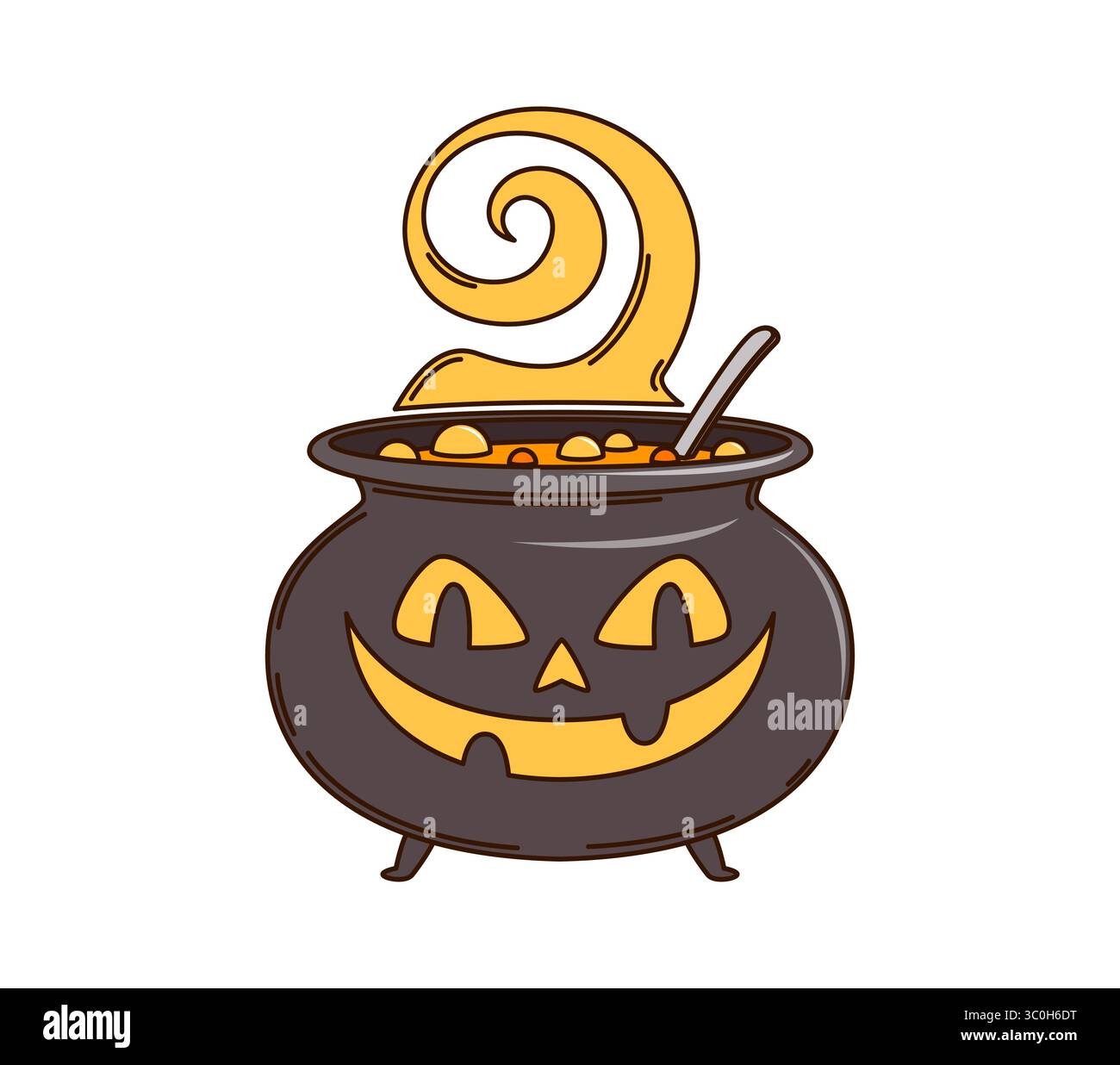 Personnage de chaudron de citrouille de dessin animé groovy Halloween pour les vacances nocturnes d'horreur, symbole vectoriel. Pot de chaudron de sorcière groovy avec visage de citrouille effrayant et potion magique pour l'emoji monstre drôle d'Halloween Illustration de Vecteur