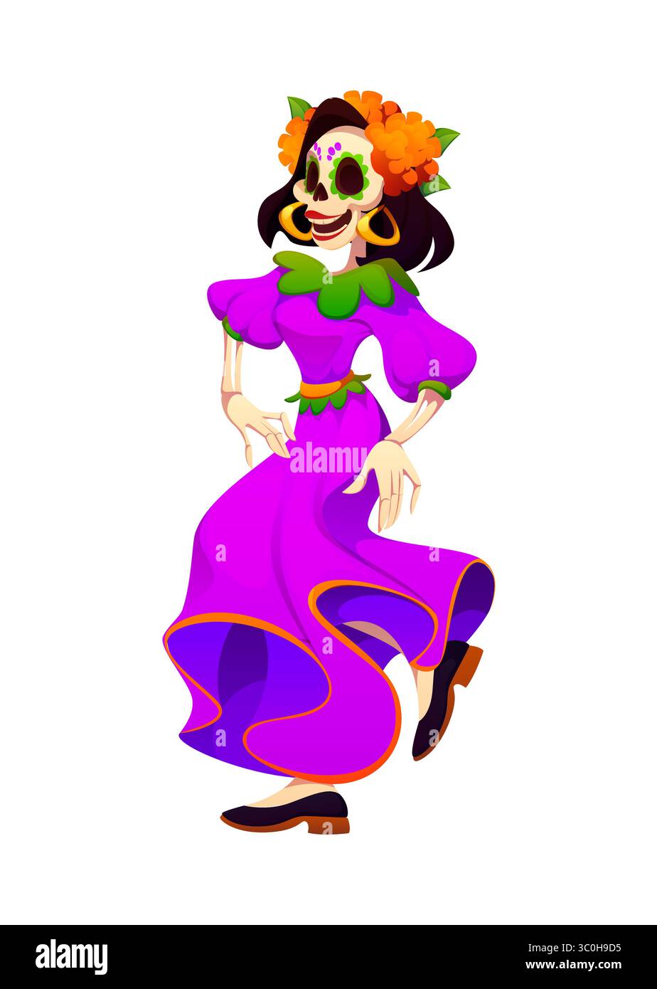 Jour de la mort personnage de vacances danseuse Catrina, personnage de squelette féminin mexicain dia de los Muertos portant une robe violette fluide, et elle porte une couronne de fleurs de souci orange vif dans ses cheveux Illustration de Vecteur