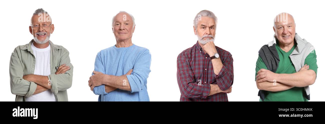 Hommes seniors sur fond blanc, ensemble de portraits Banque D'Images