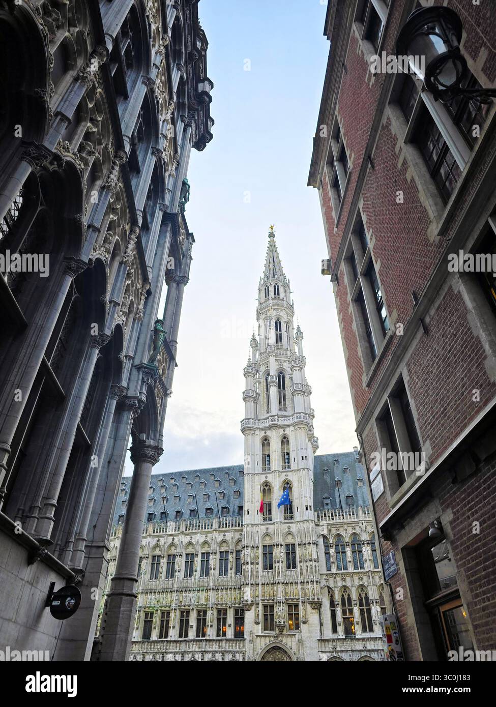 Vue encadrée sur la flèche de l'hôtel de ville de Bruxelles entre deux bâtiments historiques du centre-ville. - Image de stock capturée avec un smartphone