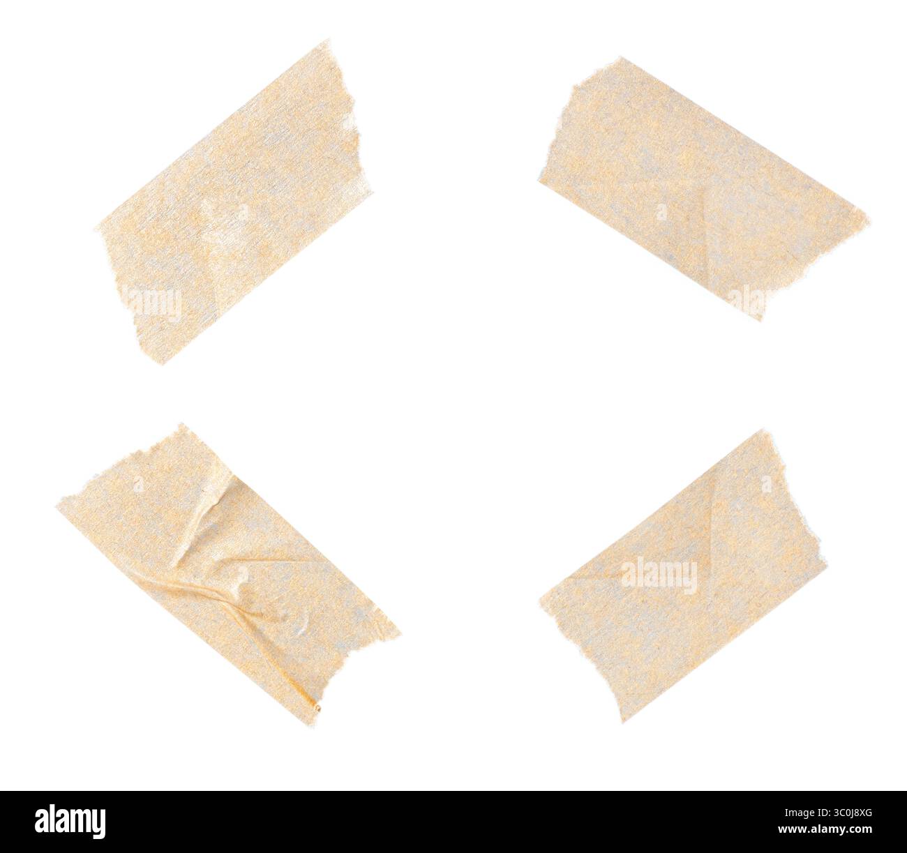 Quatre morceaux de ruban de masquage utilisés pour apposer une photo, affiche, note isolé sur fond blanc Banque D'Images