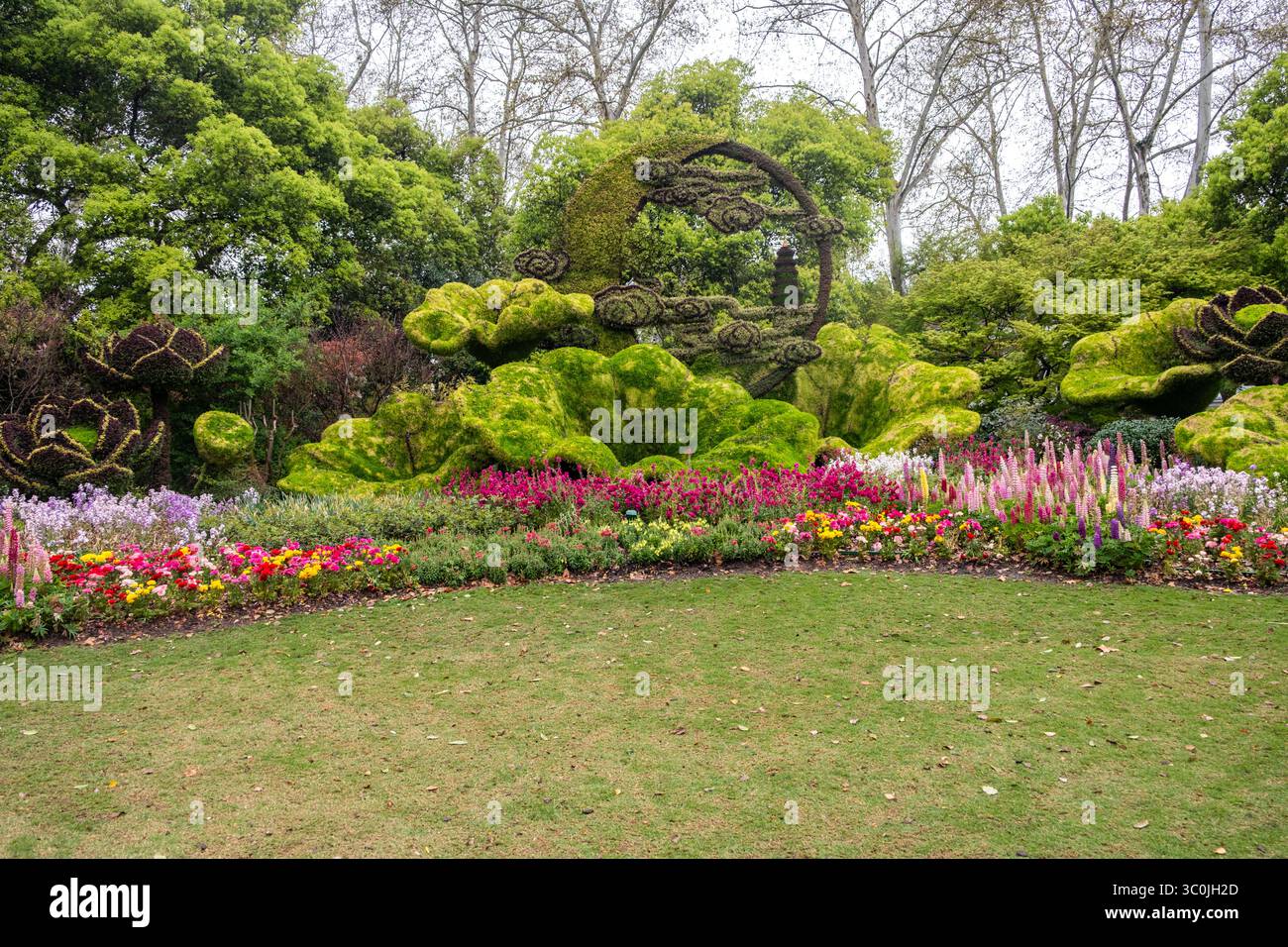 West Lake jardinage Hangzhou, Chine. Lit de fleurs printanier vibrant et art topiaire sculpté. Jardin chinois Banque D'Images