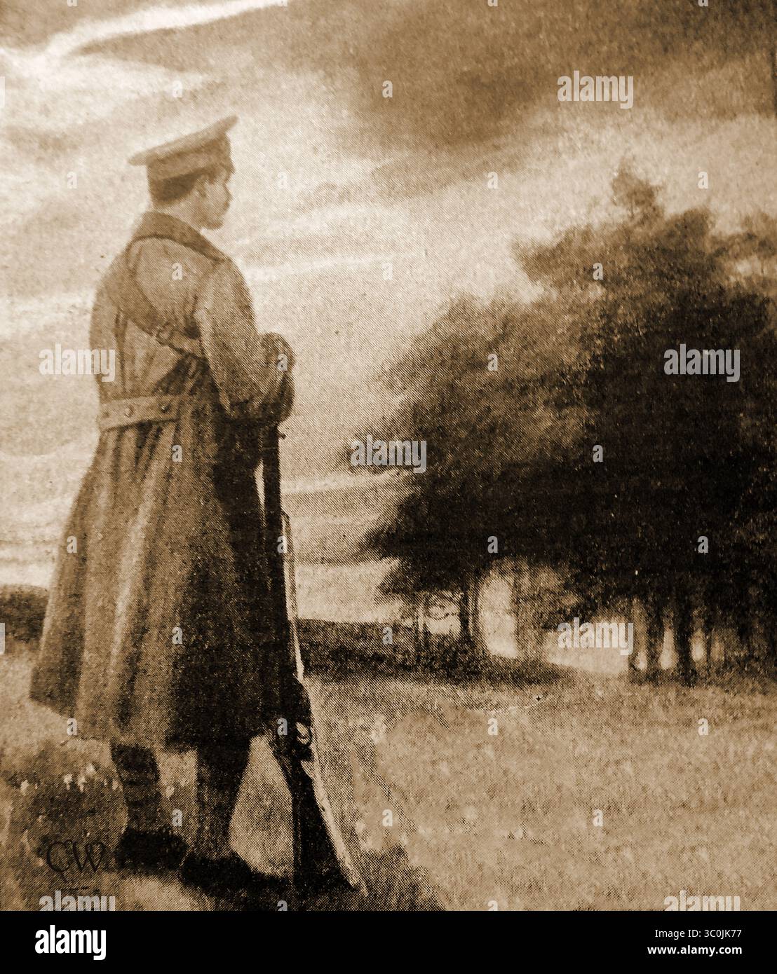 WWI - Un soldat britannique sur garde occasionnelle dans un lieu de campagne Banque D'Images