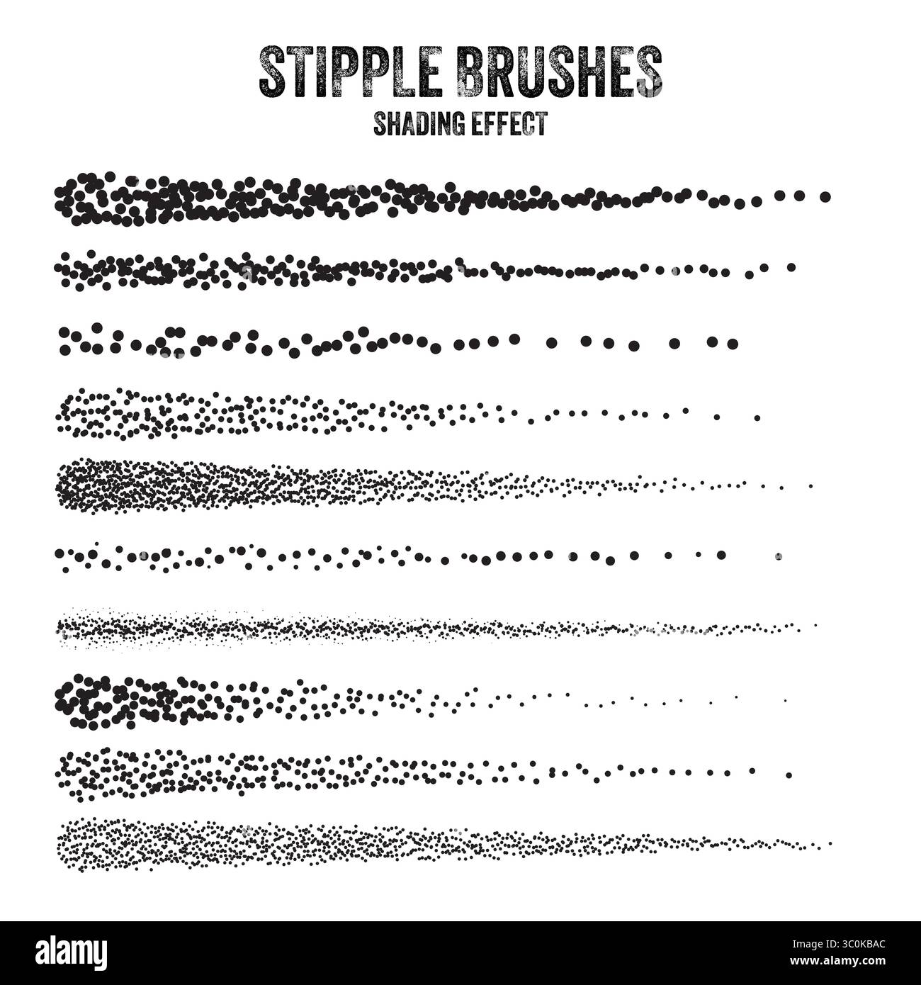 Pinceau diffuseur d'encre, dessin à pointillés et texturation. Dégradé de fondu. Pointillés, dessin dotwork, ombrage à l'aide de points. Effet de désintégration des demi-tons Illustration de Vecteur