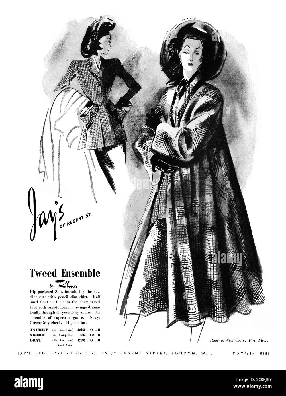 1950 publicité de mode britannique pour un costume de jupe en tweed et un pardessus à Jay's of Regent Street, Londres. Banque D'Images