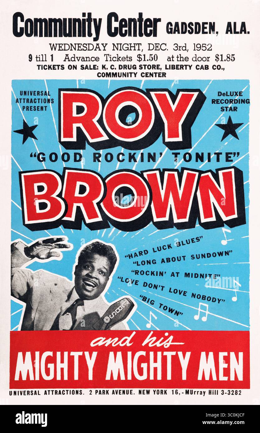 Affiche de 1952 concerts pour le musicien de rythme et blues Roy Brown au Centre communautaire de Gadsden, Alabama. Banque D'Images
