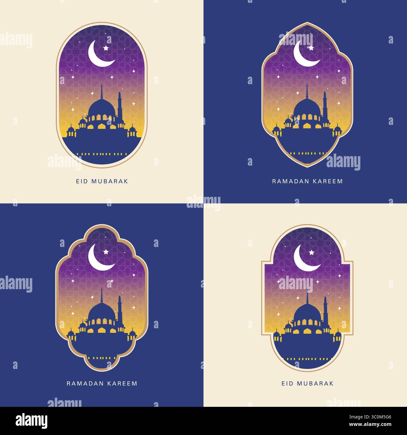 Illustration vectorielle de style moderne Ramadan Kareem et Eid Moubarak cartes de voeux. Fenêtres et arches avec lune, dôme de mosquée et motif islamique Illustration de Vecteur