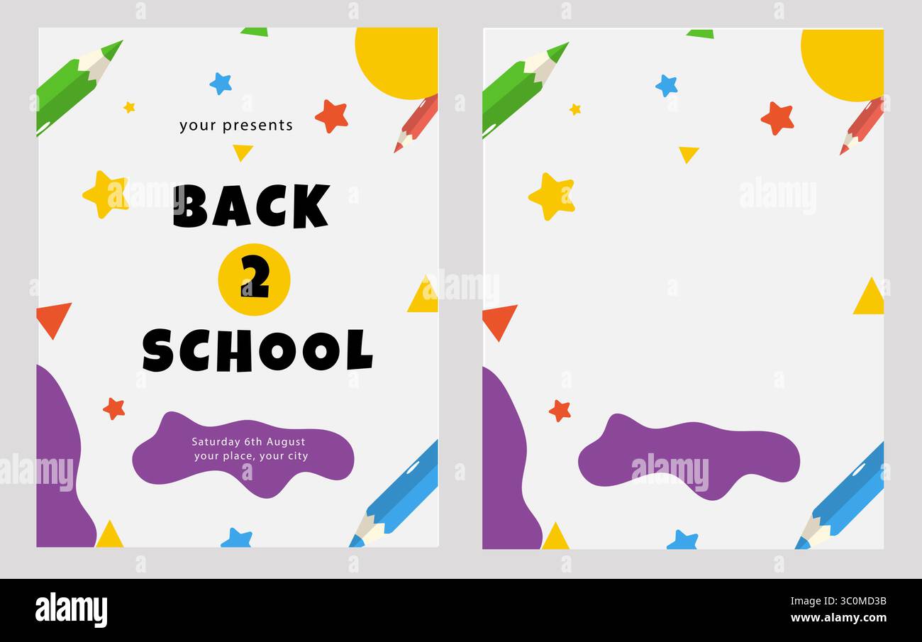 Ensemble vectoriel de modèles à thème scolaire avec des accents lumineux, des cercles, des crayons colorés sur fond blanc. Parfait pour les bannières de vente, flyers, invitations. Espace pour le texte. Design scolaire moderne Illustration de Vecteur