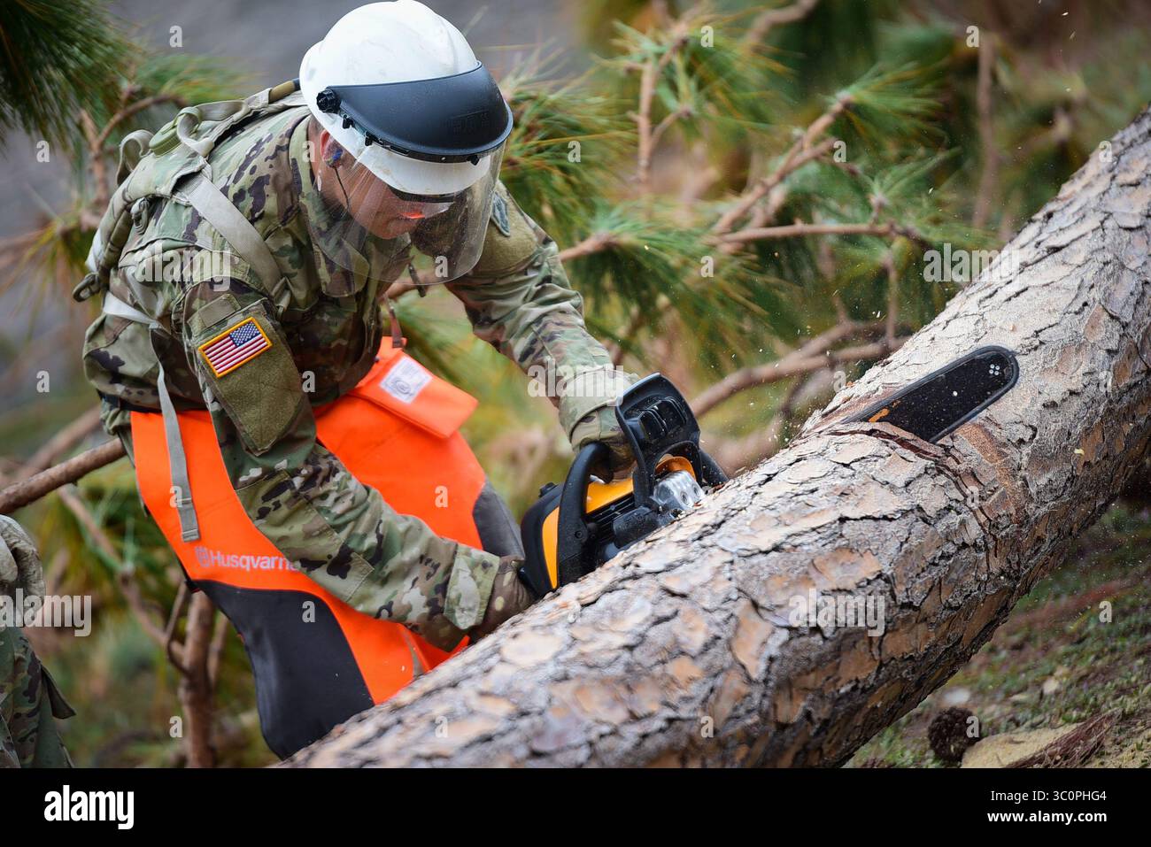 1er novembre 2018 - Panama City, Floride, États-Unis - des membres du 46e bataillon de génie de pointe d'acier de Fort Polk, Louisiane, ont récemment été déployés à la base aérienne de Tyndall dans le cadre de la Task Force Hammer, une force opérationnelle combinée composée à la fois d'ingénieurs en service actif et du corps des ingénieurs de l'armée américaine, district mobile, dans le seul but d'aider nos collègues militaires à récupérer Tyndall après l'ouragan Michael. (Crédit image : © U.S. Army/ZUMA Wire/ZUMAPRESS.com) Banque D'Images