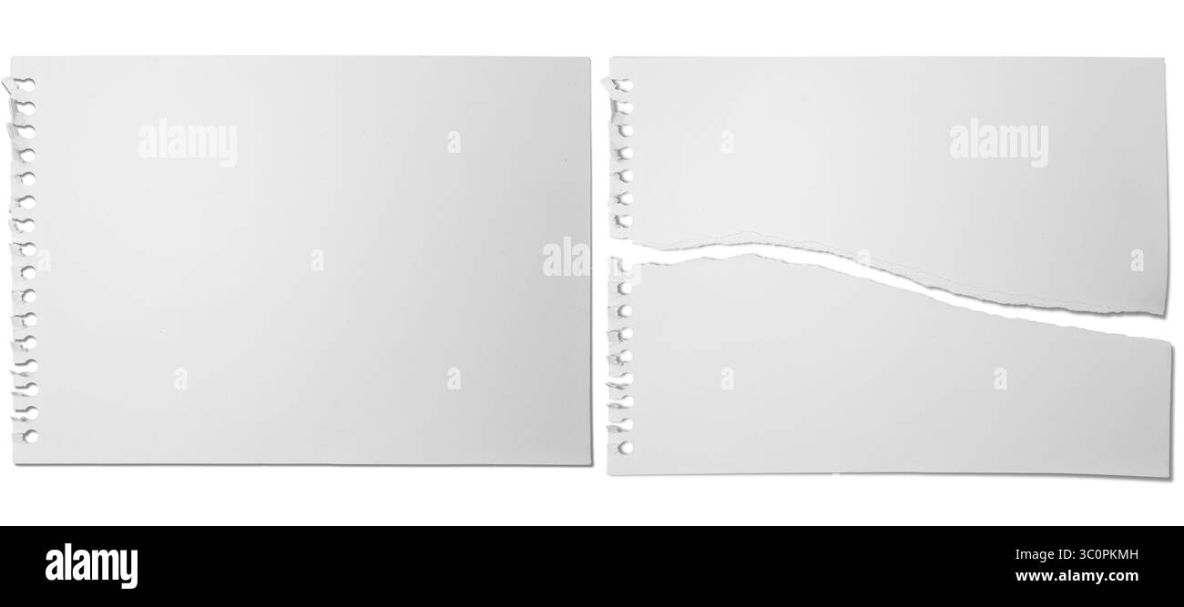 Feuille pour carnet de notes. Page déchirée d'un cahier avec une feuille déchirée révélant un fond blanc. Copier l'espace Banque D'Images