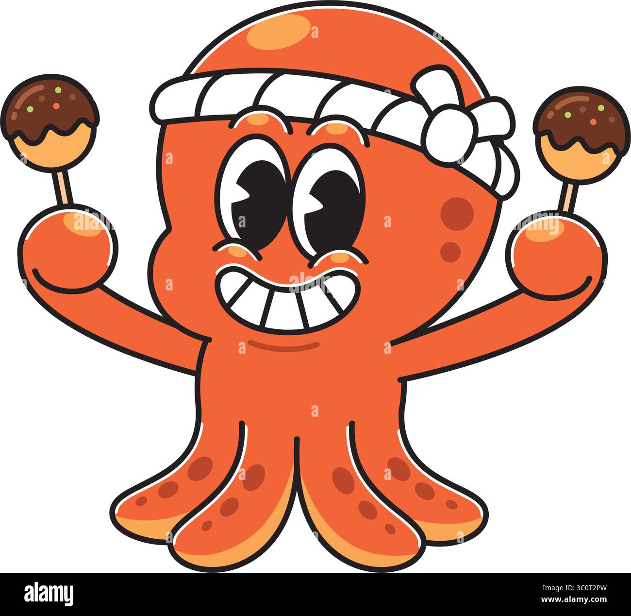 Heureux Takoyaki Octopus tenant des brochettes Cartoon Illustration de Vecteur