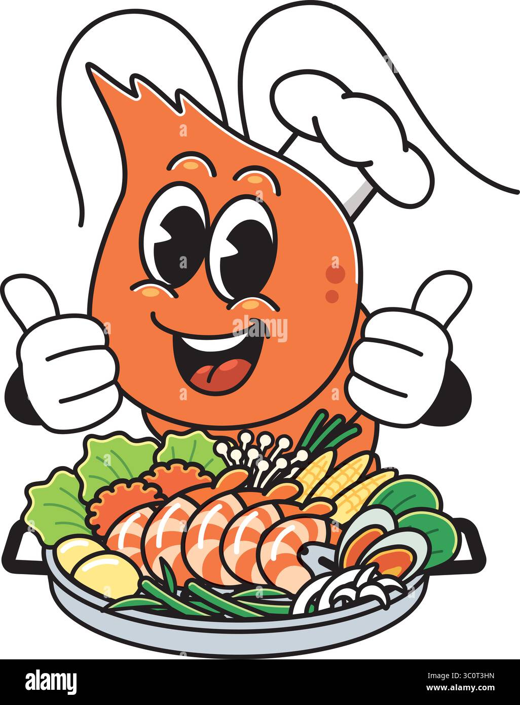 Happy Shrimp Chef avec plateau de fruits de mer Giving Thumbs Up - Cute Food Cartoon Illustration de Vecteur