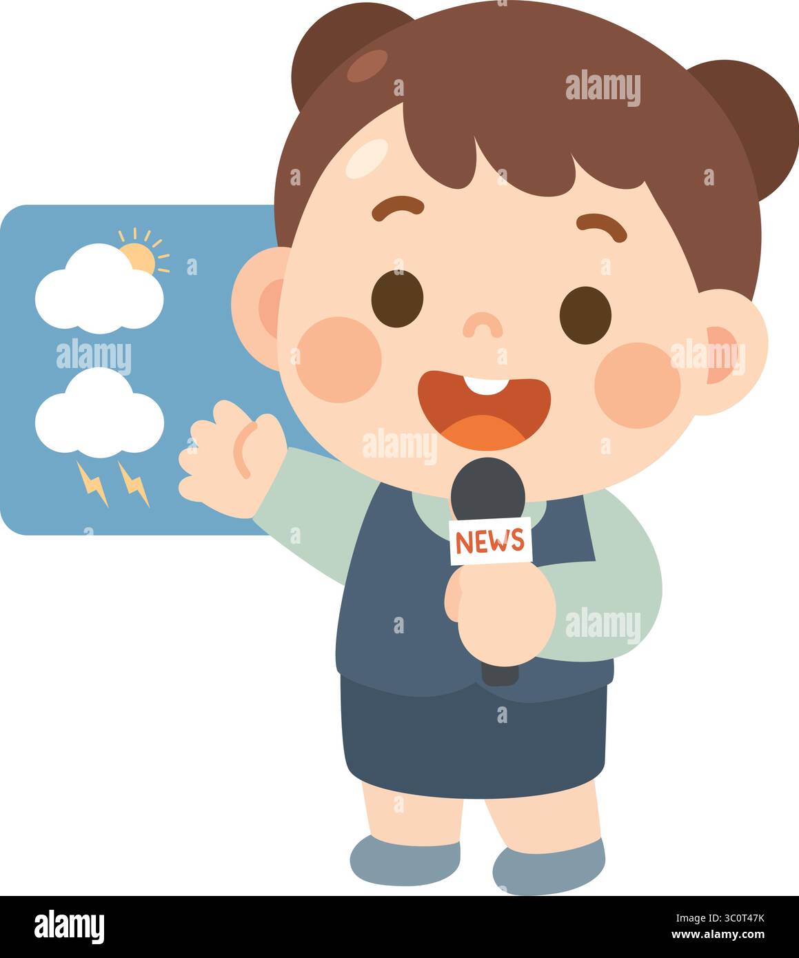 Cute Cartoon Weather reporter fille avec microphone Illustration de Vecteur