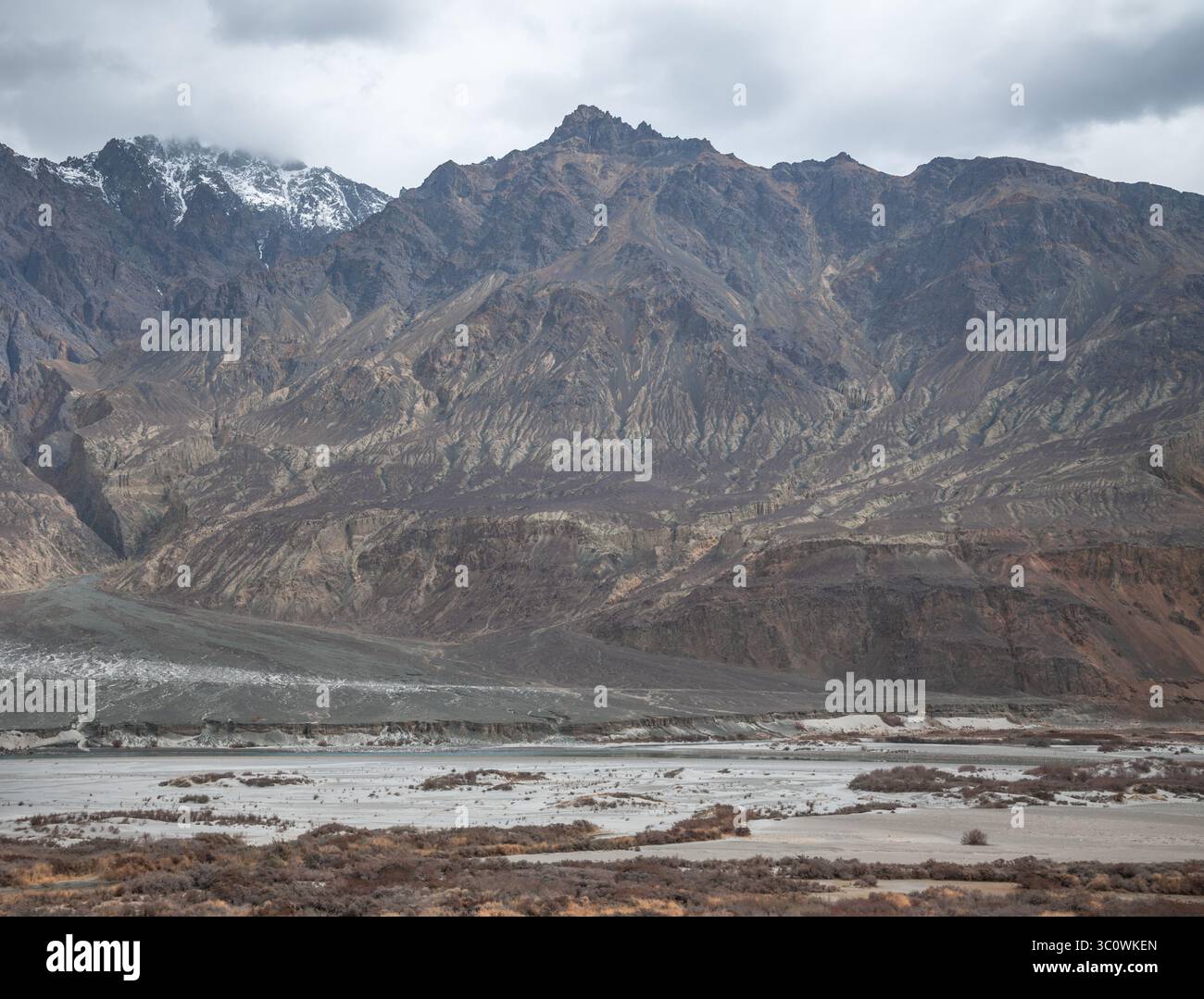 Paysage himalayen majestueux avec des pics arides, une végétation de contreforts et la trajectoire asséchée de la rivière Shyok dans le Ladakh, en Inde. Banque D'Images