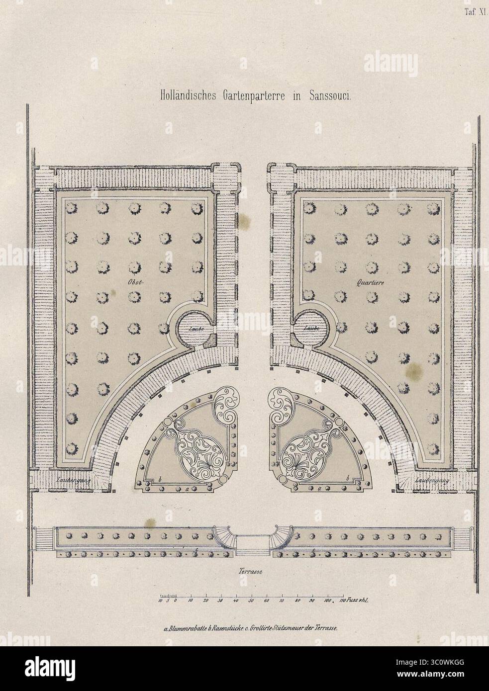 Meyer, Gustav Lehrbuch der schönen Gartenkunst- mit besonderer Rücksicht auf die praktische Ausführung von Gärten und Parkanlagen — Berlin, 1873, 147 - Holländisches Gartenparterre in Sanssouci. Banque D'Images