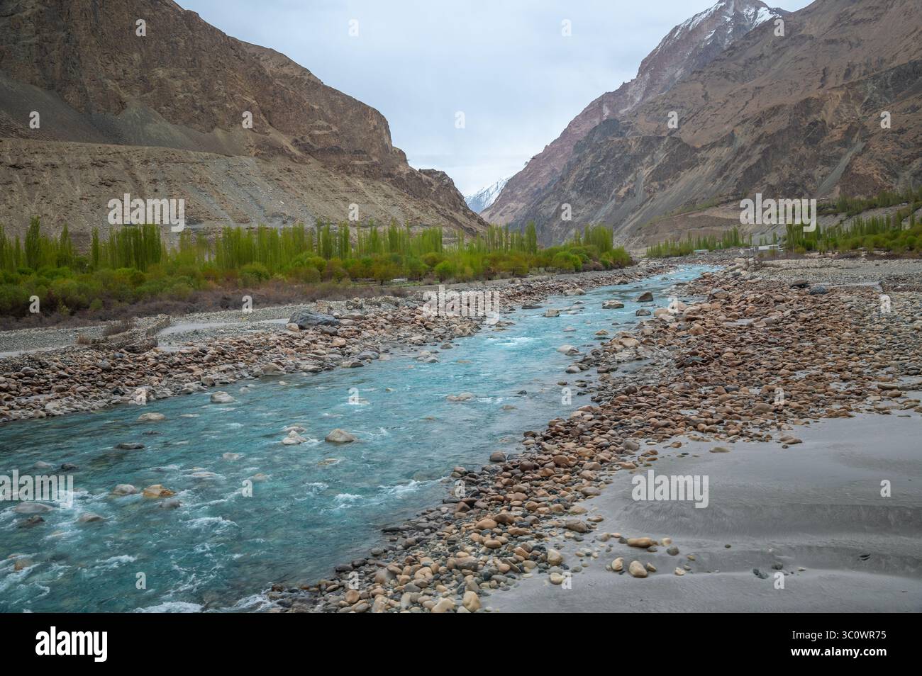 Rivière Shyok qui coule de l'Himalaya majestueux dans le Ladakh, Inde, avec une eau bleu clair, des montagnes époustouflantes et un paysage naturel à couper le souffle. Banque D'Images