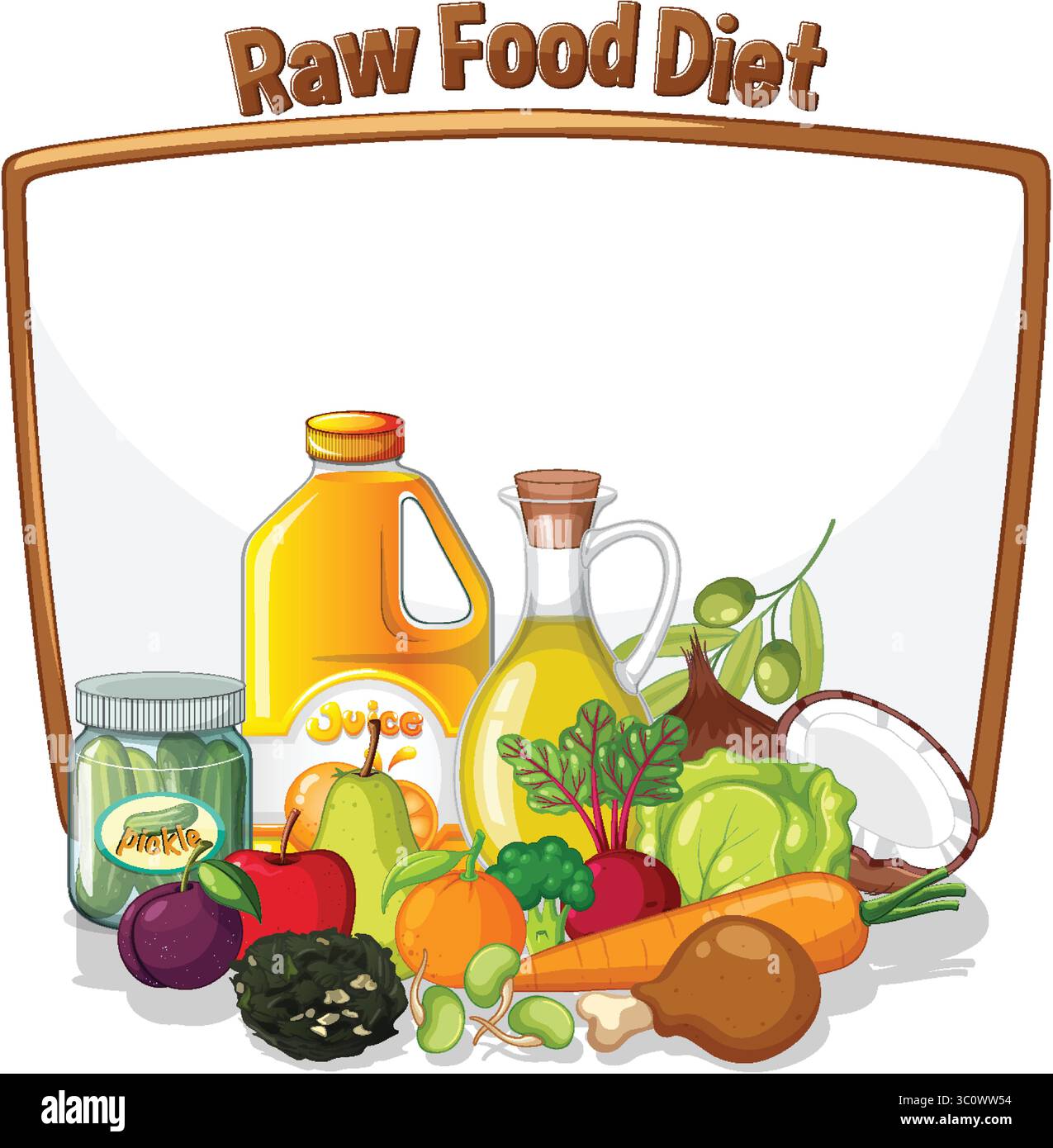 Illustration vectorielle vibrante des aliments crus, y compris les légumes, les fruits et les huiles. Les couleurs vives et la composition épurée renforcent l'attrait Illustration de Vecteur