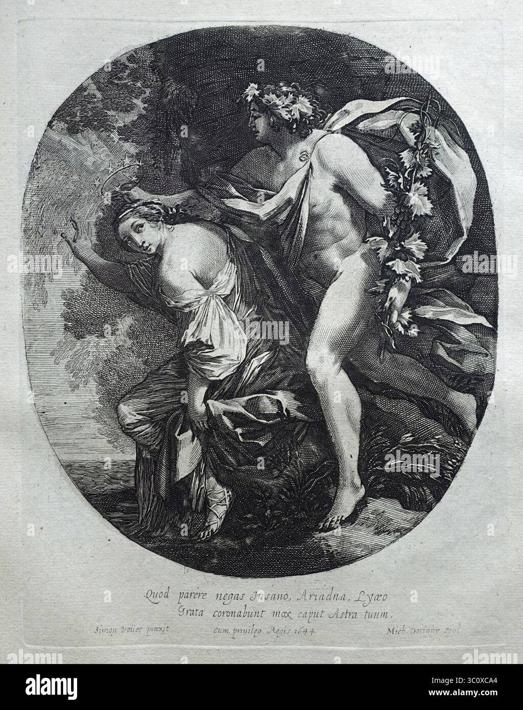 Michel Dorigny - Bacchus et Ariane, il se tient à peine habillé à droite en plaçant une couronne d'étoiles sur sa tête ; composition ovale, d'après Vouet. 1644, 1841, 1211, 39, 100. Banque D'Images