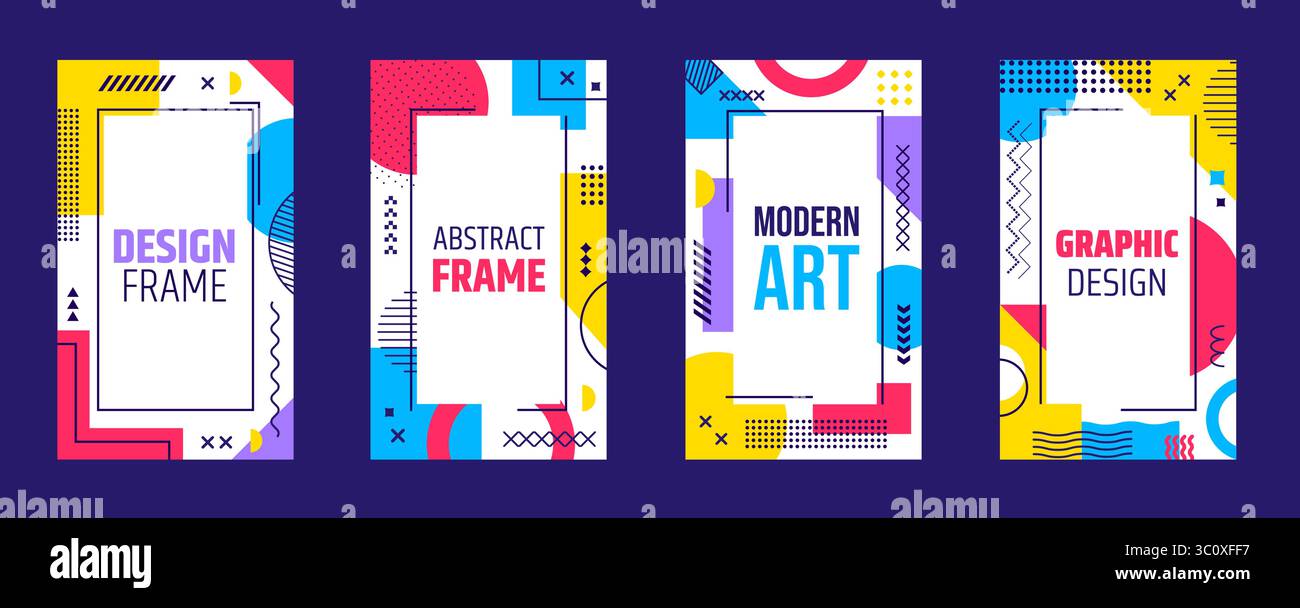 Affiches géométriques d'affaires abstraites avec des motifs et des éléments de Memphis. Cadres verticaux vectoriels ou modèles de bordure, mises en page hipster modernes. Arrière-plans vibrants, cartes au flair rétro futuriste Illustration de Vecteur