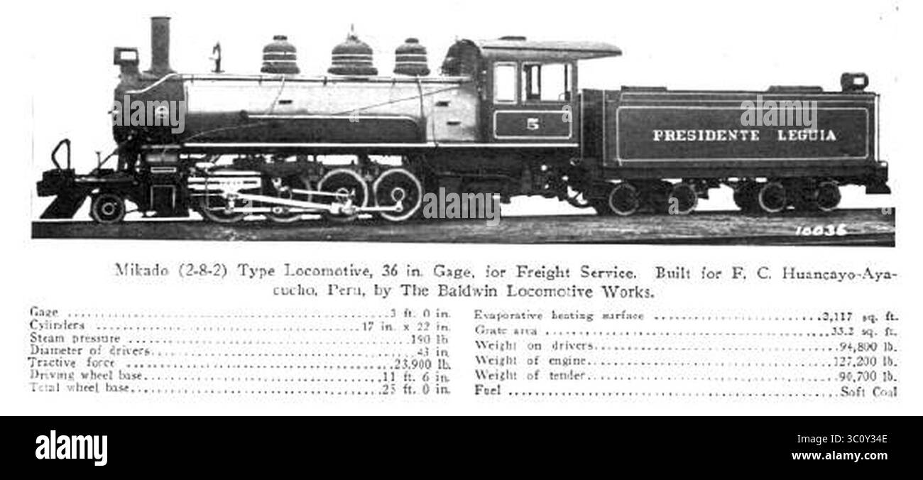 Mikado (2-8-2) type locomotive, voie de 36 pouces pour le service de fret. Construit pour F.C. Huancayo-Ayacucho, Pérou, par l'usine de locomotives de Baldwin. Banque D'Images