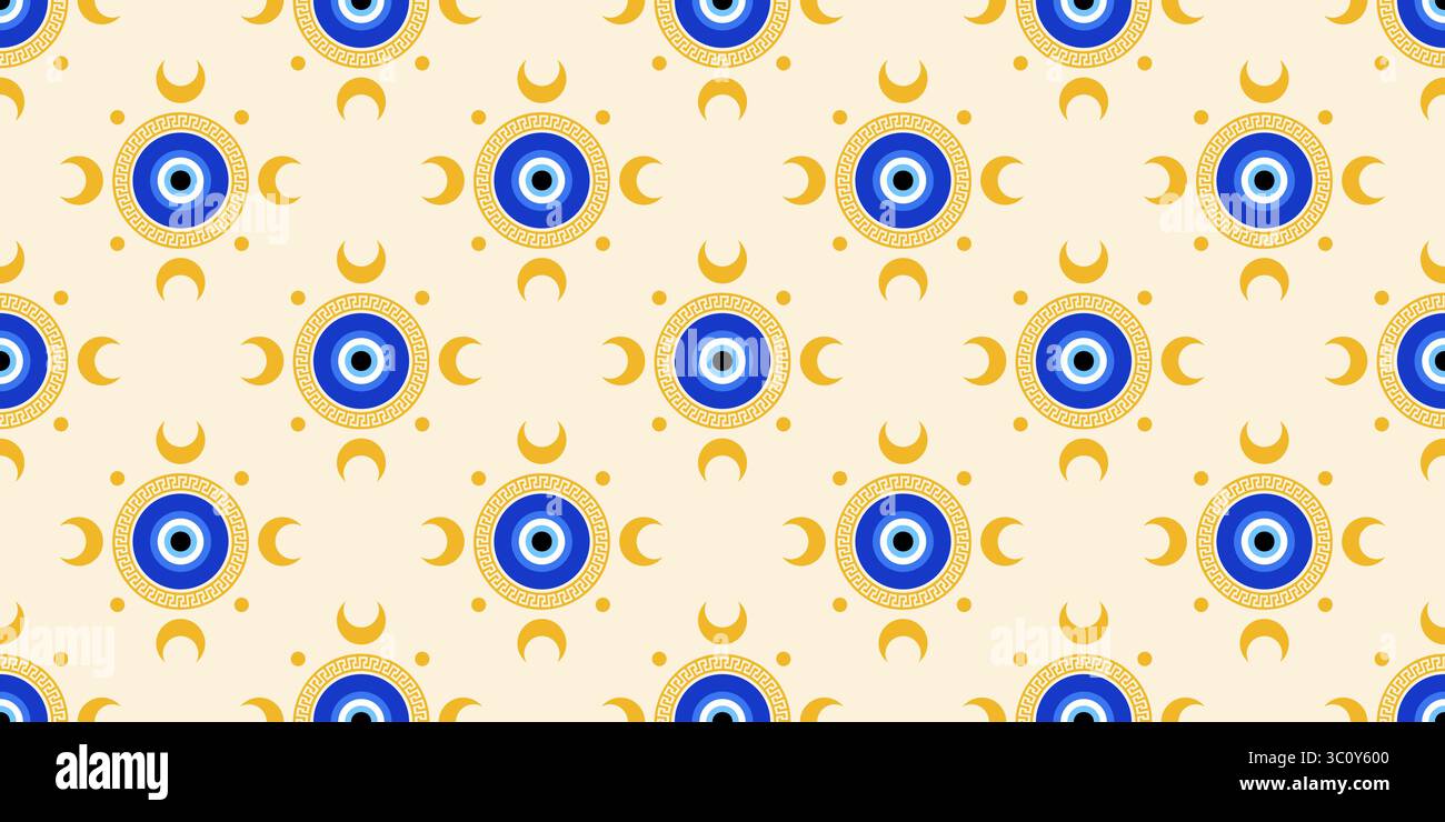 Motif grec mauvais œil. Fond vectoriel turc sans couture avec des perles bleues. Magic nazar - symbole abstrait de protection et de chance. Illustration avec Illustration de Vecteur