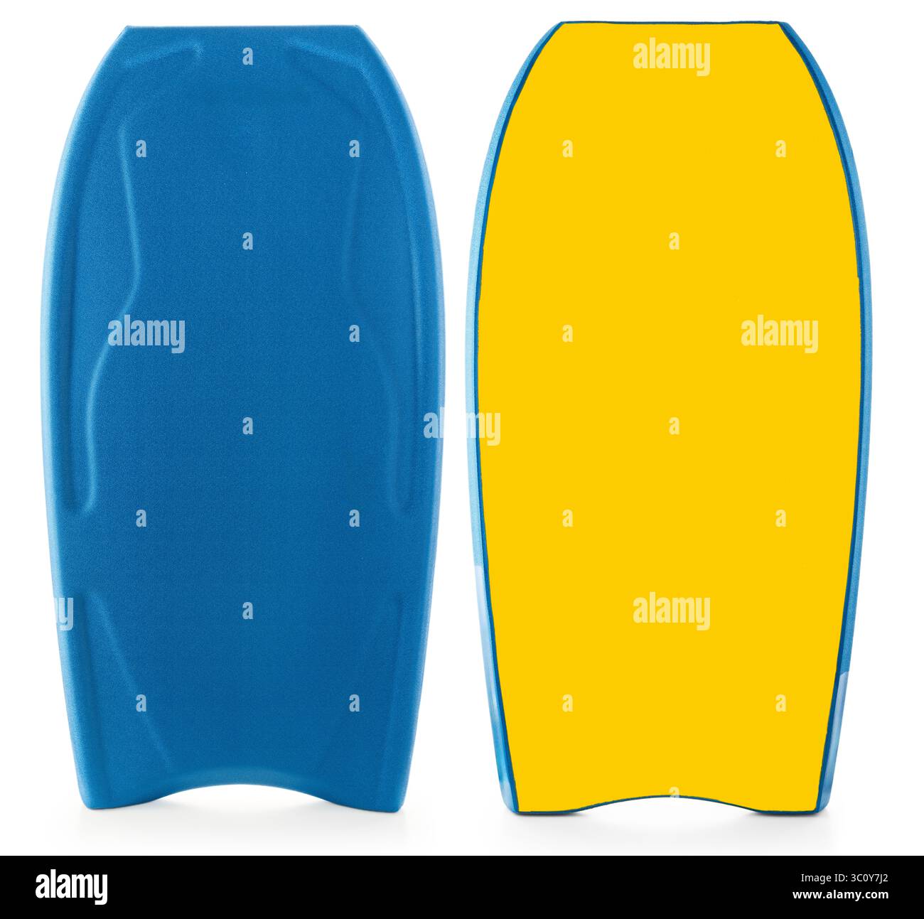 Bodyboard bleu et jaune isolé sur fond blanc avec un design minimal Banque D'Images