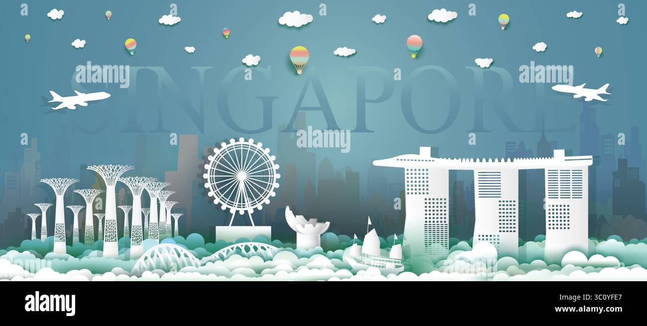 Voyagez dans le centre-ville de singapour avec la culture architecturale de Marina Bay Sands skyline à singapour avec le bâtiment moderne emblématique merlion, voyageant en montgolfière et en montgolfière Illustration de Vecteur