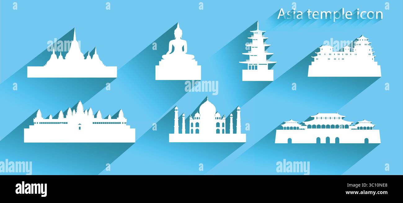 Icône de l'Asie ou symbole avec une ombre longue, bannière de voyage Taj mahal, château Himeji et bâtiment moderne emblématique merlion tous dans un style silhouette sur dos bleu Illustration de Vecteur
