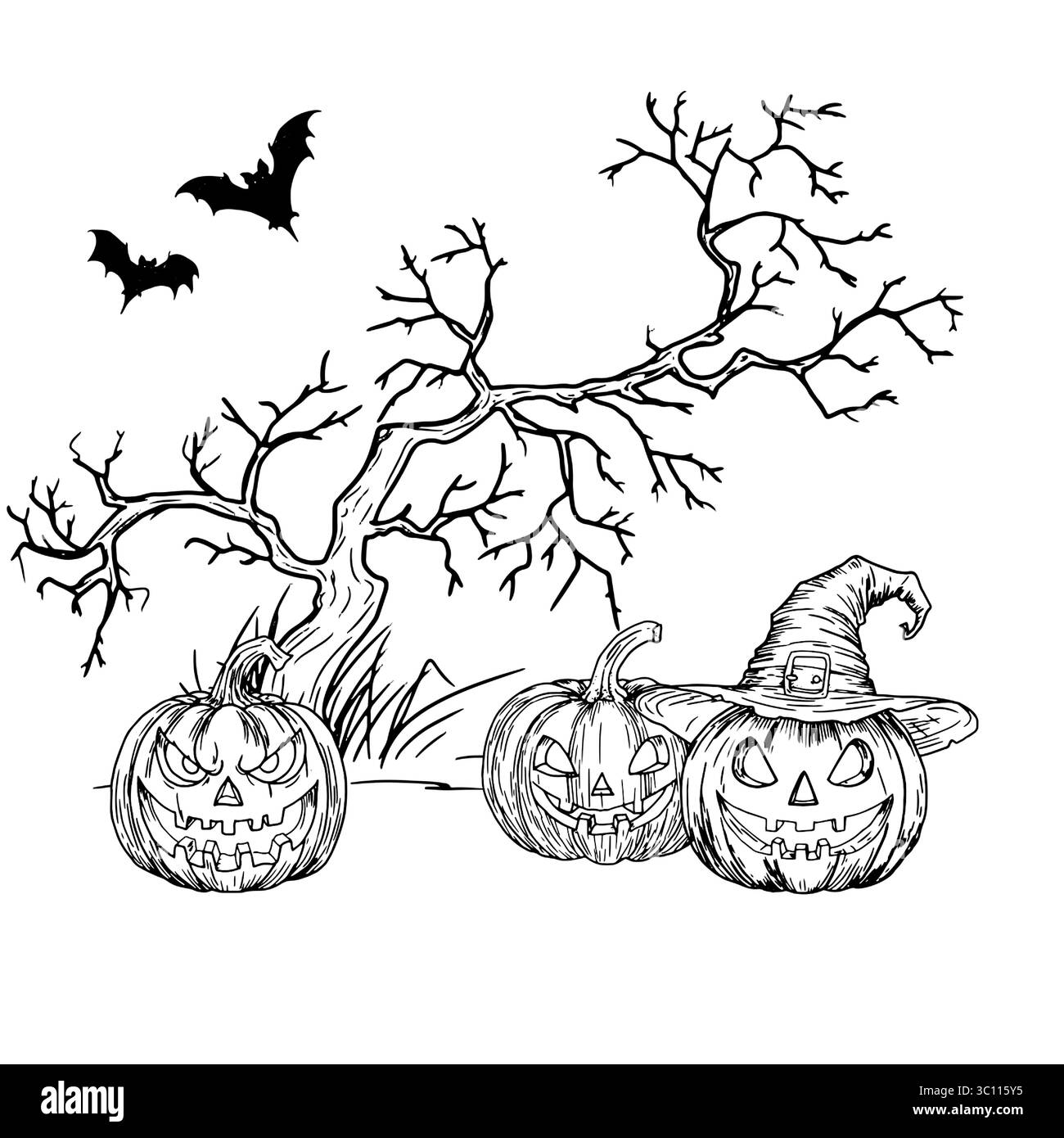 Citrouilles aux visages sculptés sous un vieil arbre noueux, dans un fourré de forêt sombre, croquis noir et blanc. Illustration vectorielle. Citrouille en fleur de sorcière Illustration de Vecteur