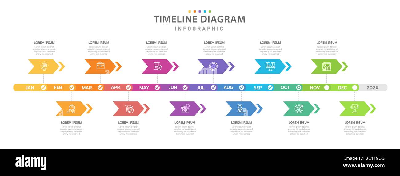 Modèle d'infographie pour les entreprises. Calendrier des diagrammes de la chronologie moderne de 12 mois, infographie des vecteurs de présentation. Illustration de Vecteur