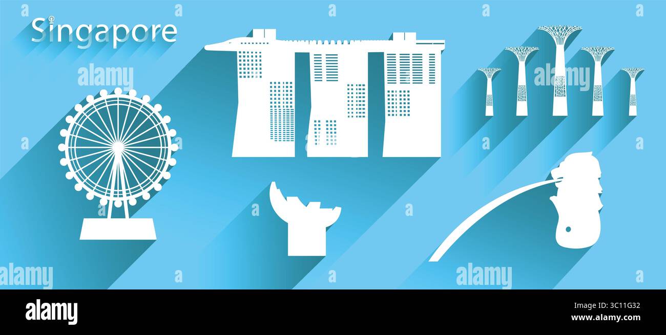 Icône ou symbole de Singapour avec une ombre longue, bannière de voyage avec la tour de sable de la baie de marina et bâtiment moderne emblématique merlion le tout dans un style silhouette sur blu Illustration de Vecteur