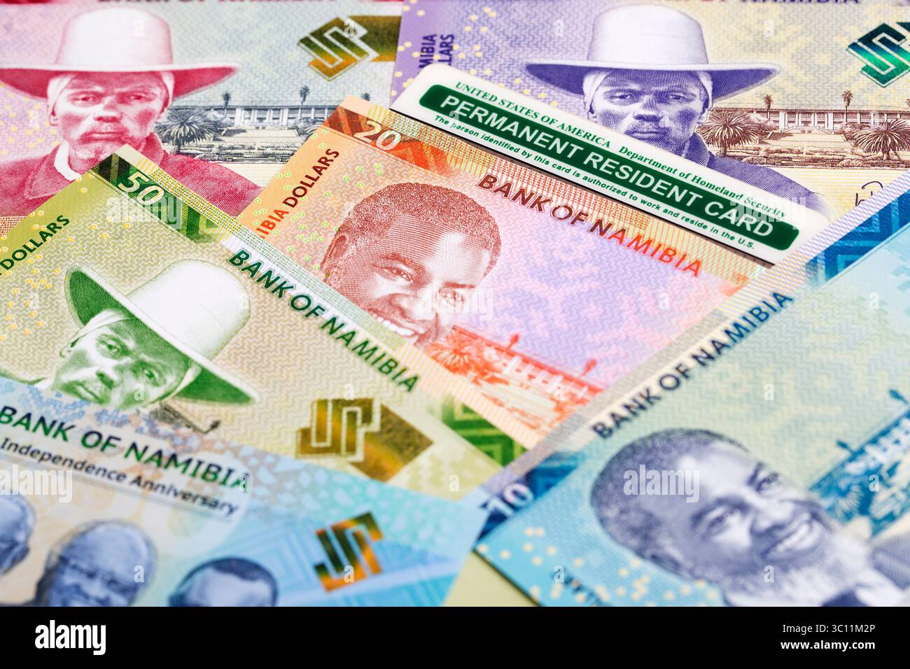 Carte de résident permanent américain sur l'argent namibien - dollar Banque D'Images