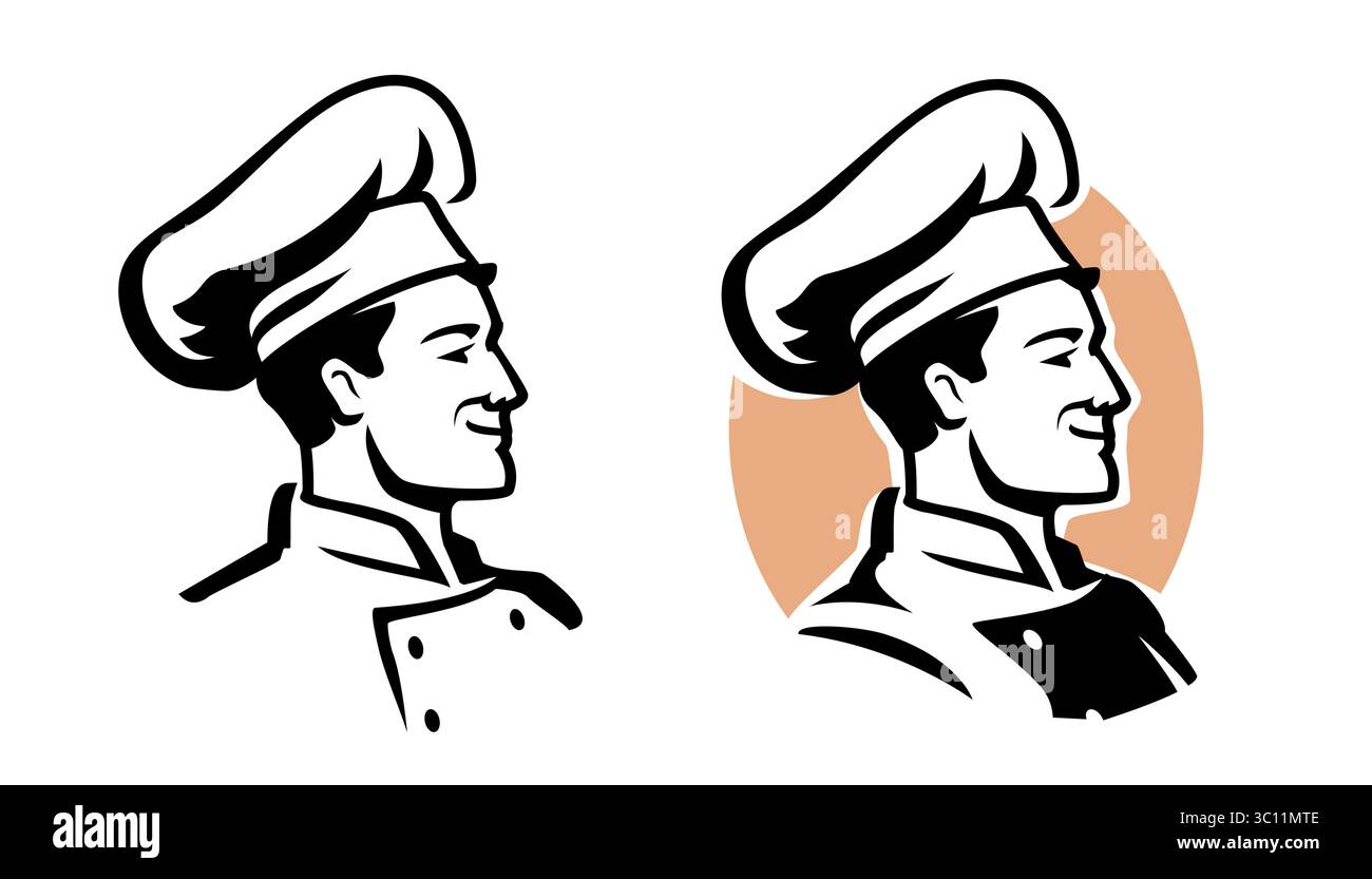 Portrait de l'emblème du chef heureux. Cuisinier masculin dans le chapeau, symbole de travailleur de cuisine. Illustration pour le menu de restaurant ou de café Illustration de Vecteur