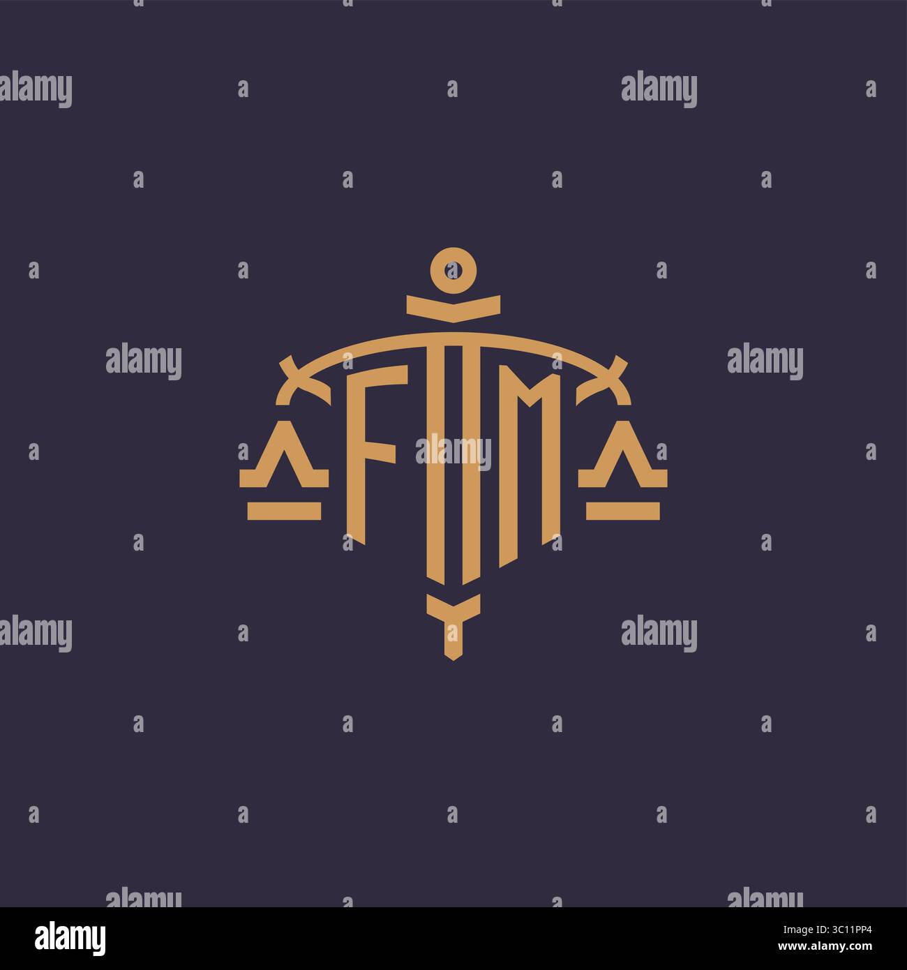 Logo Monogram FM pour cabinet juridique avec échelle géométrique et graphique vectoriel de style épée Illustration de Vecteur