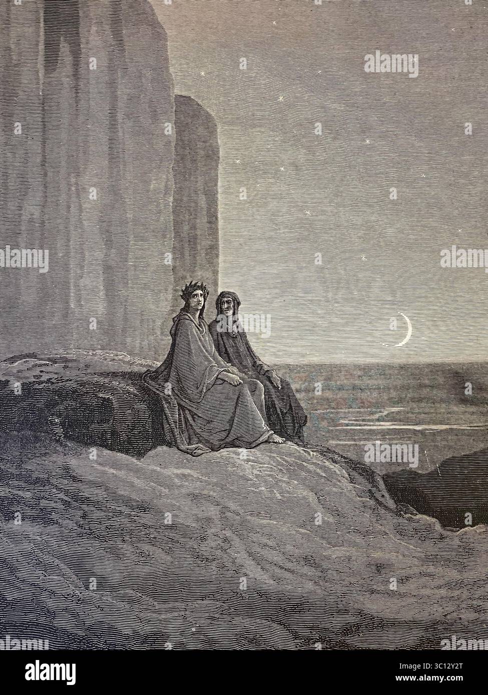 Photo d'une image de la Divine Comédie de Dante, Purgatoire, représentant Virgile et Dante Alighieri sur le mont Purgatoire. Dessin : Gustave Doré, gravure : PA Banque D'Images
