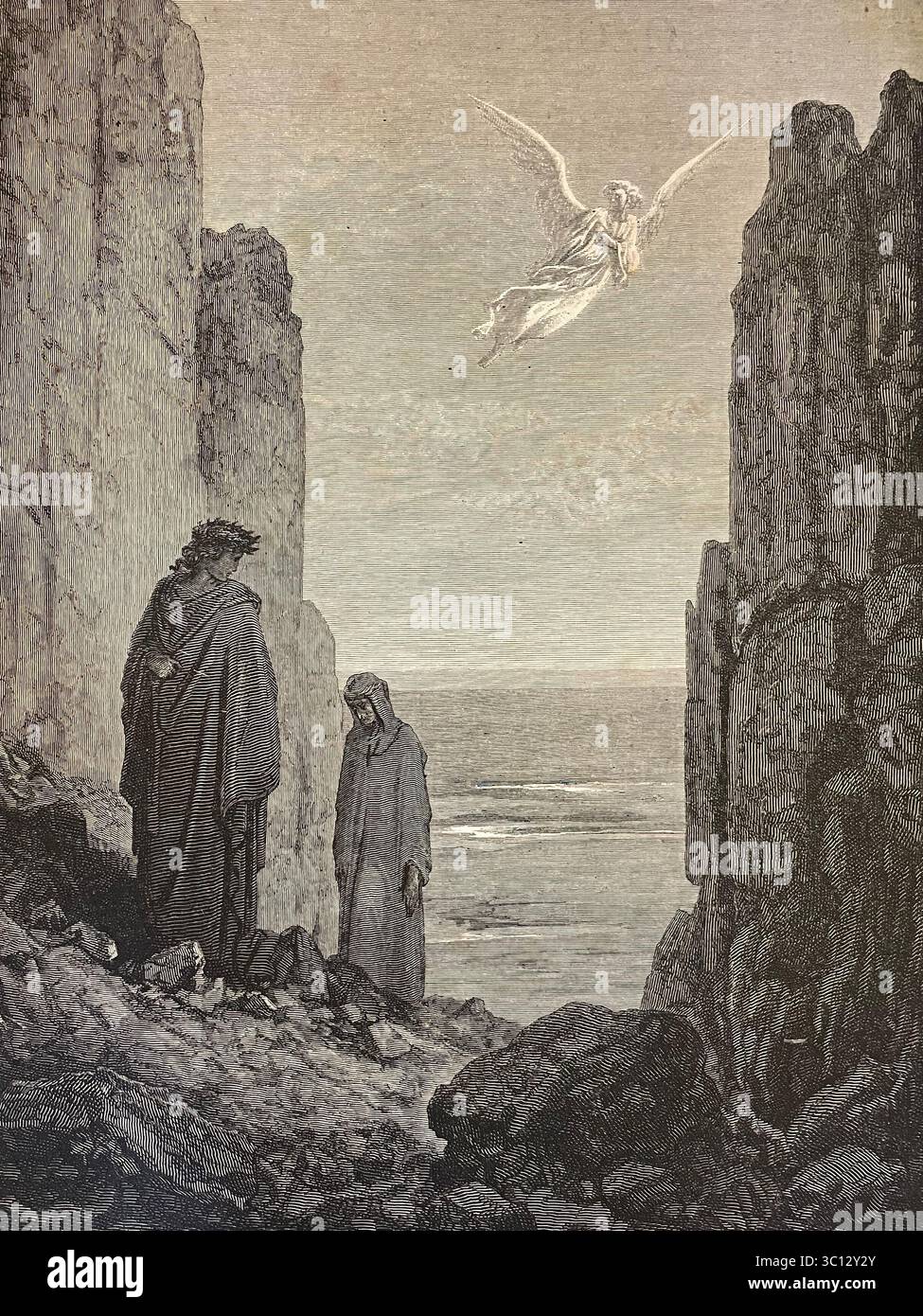Photo d'une image de la Divine Comédie de Dante, Purgatoire, représentant Virgile et Dante Alighieri sur le mont Purgatoire. Dessin : Gustave Doré, gravure : PA Banque D'Images